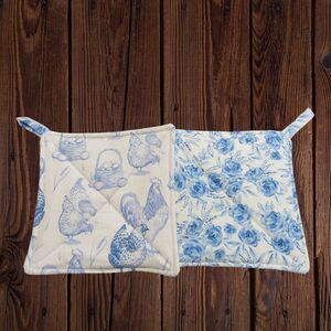 Handmade Quilted Potholder Reversible Chicken and Floral Hot Pad Set of 2